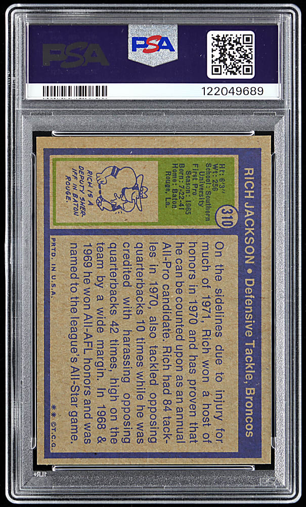 1972 Topps Football #310 Rich Jackson High Number PSA GEM MINT 10 - Population 5