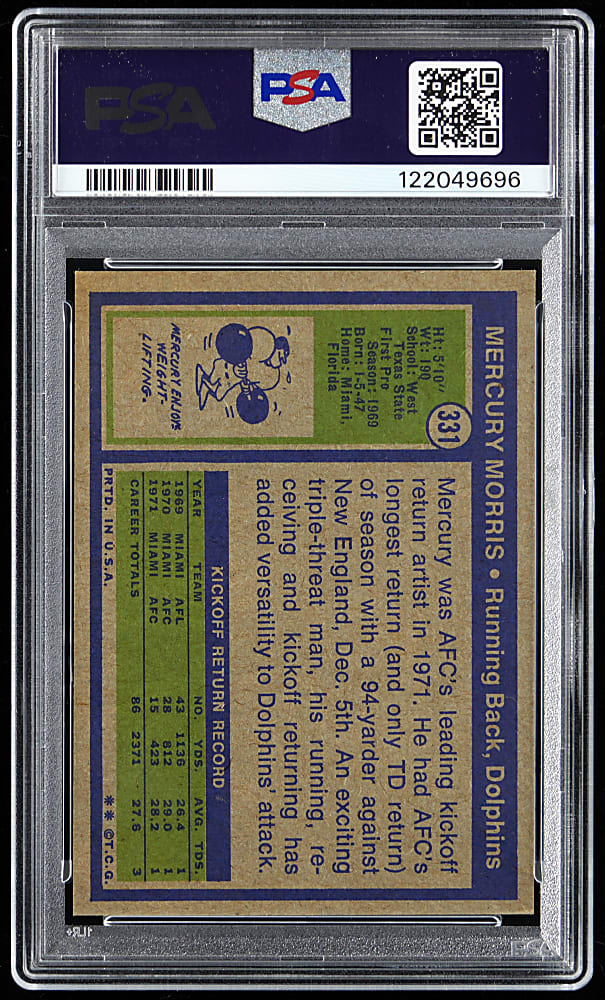 1972 Topps Football #331 Mercury Morris High Number PSA MINT 9