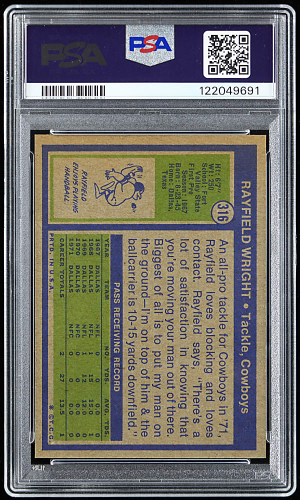 1972 Topps Football #316 Rayfield Wright Rookie High Number PSA MINT 9