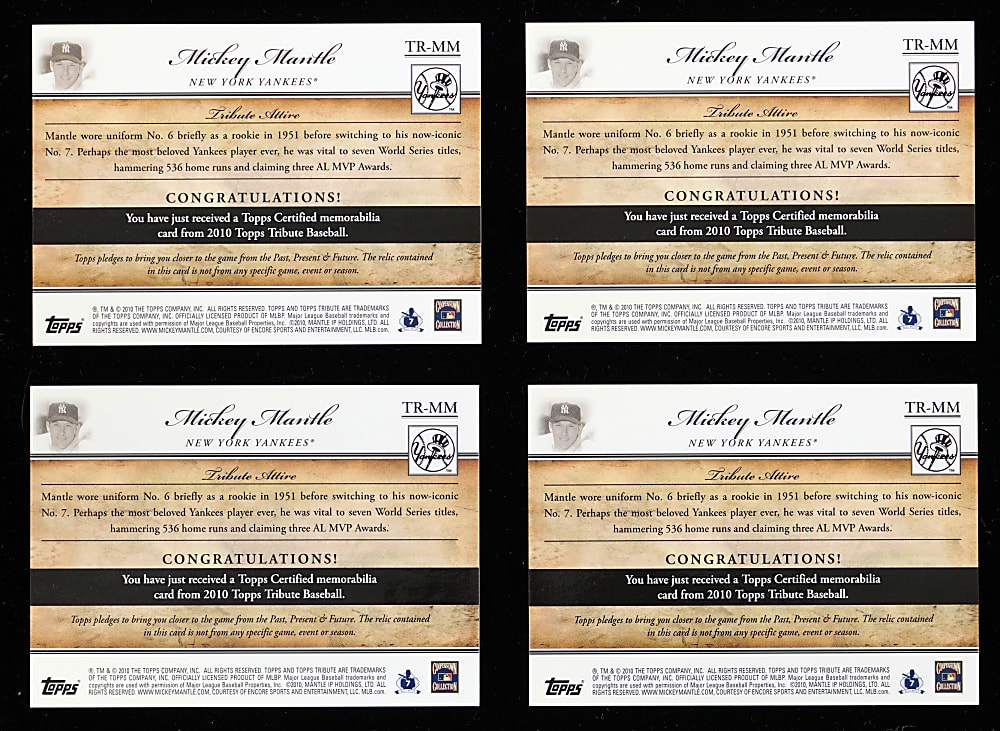 2010 Topps Tribute Mickey Mantle Single Relics (4) with Gold #/25