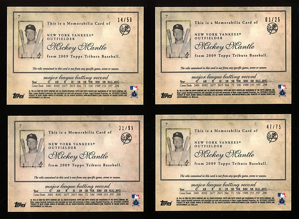 2009 Topps Tribute Mickey Mantle Relics (4) with Gold #/25