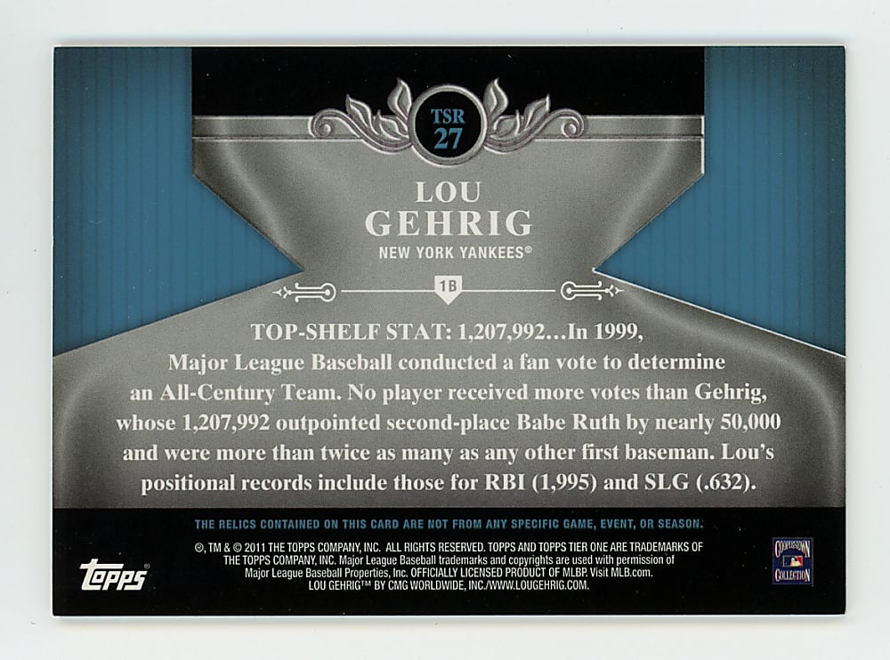 2011 Topps Tier One Lou Gehrig Top Shelf Relic #/399