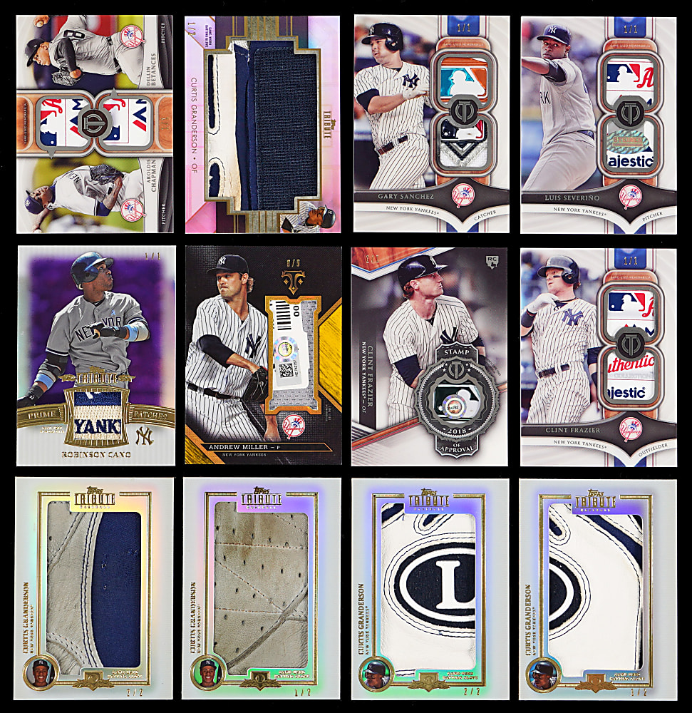 2013-2018 Topps Tribute New York Yankees Premium Relics (12) with Logomen, Batting Gloves & Wash Tags with (6) #1/1