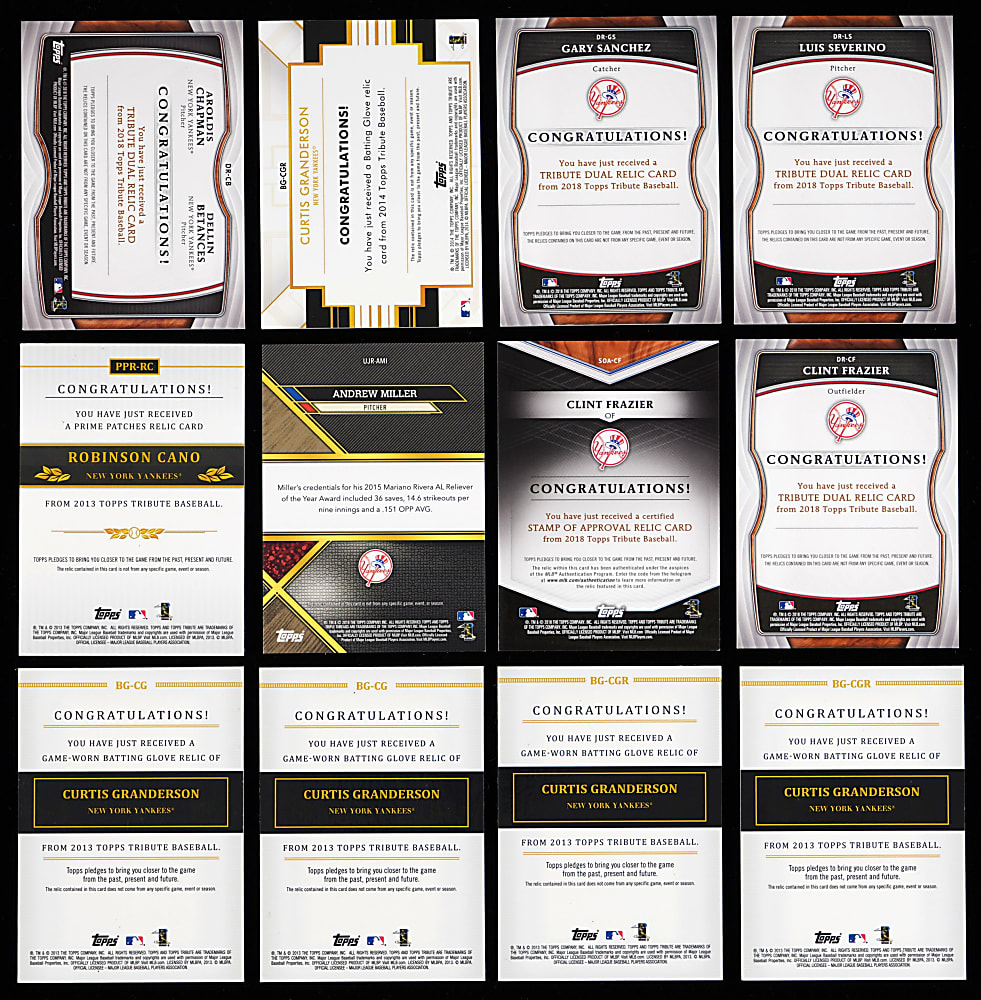 2013-2018 Topps Tribute New York Yankees Premium Relics (12) with Logomen, Batting Gloves & Wash Tags with (6) #1/1