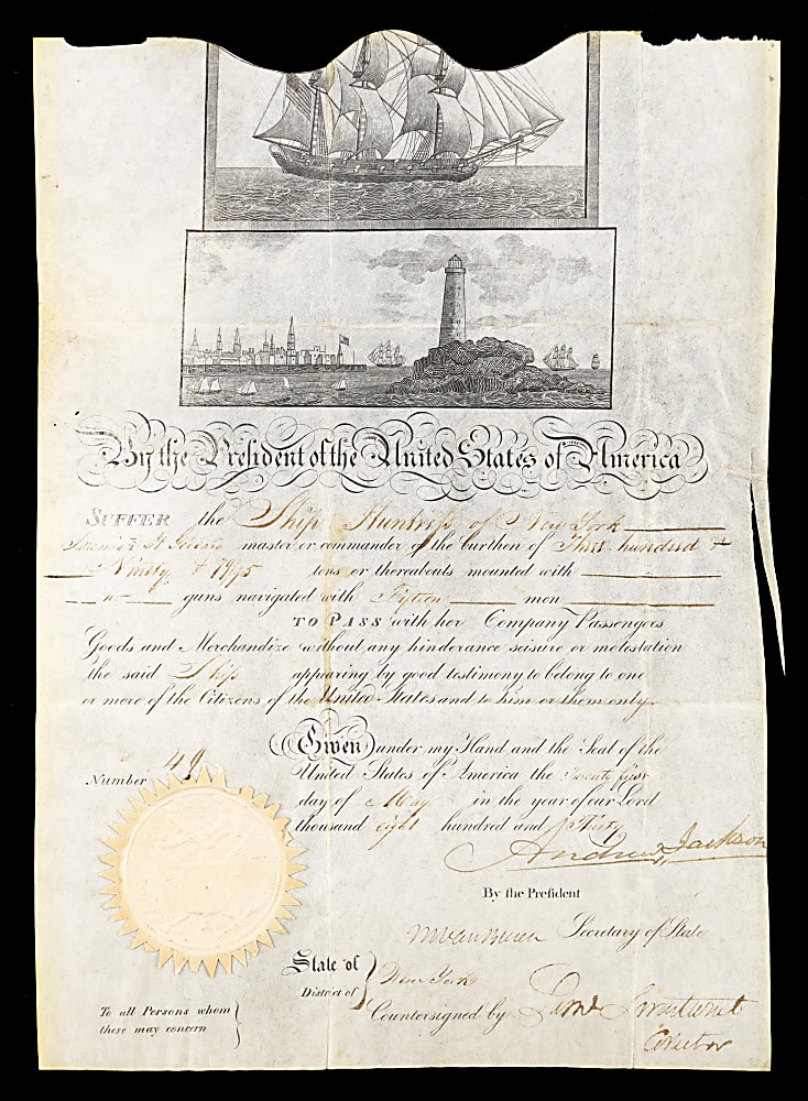 1830 Andrew Jackson & Martin Van Buren Signed Nautical Right of Passage Document - Beckett LOA