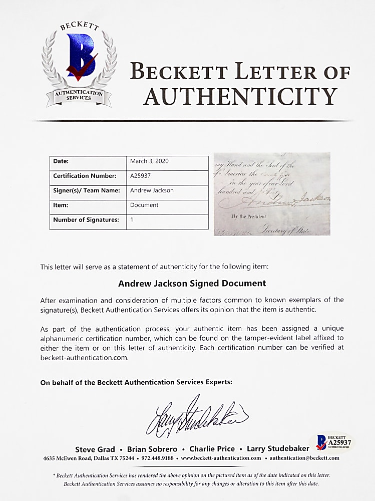 1830 Andrew Jackson & Martin Van Buren Signed Nautical Right of Passage Document - Beckett LOA