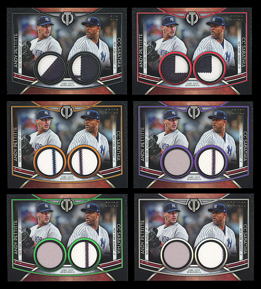 2020 Topps Tribute Dual Relics Andy Pettitte/CC Sabathia Rainbow (6) with #1/1 Black