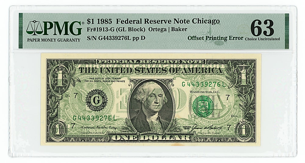 1985 $1 Federal Reserve Note Offset Printing Error Back-To-Face - PMG CU 63