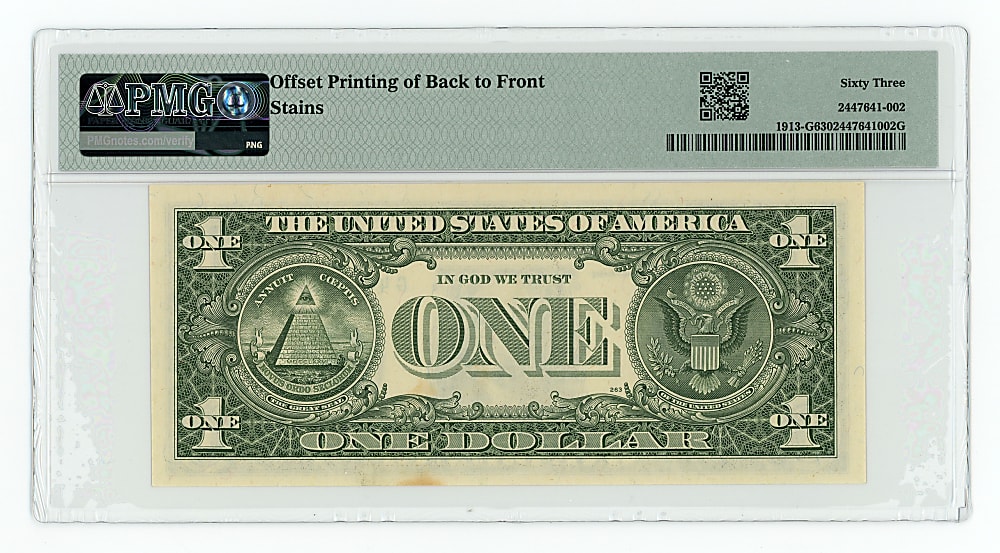 1985 $1 Federal Reserve Note Offset Printing Error Back-To-Face - PMG CU 63
