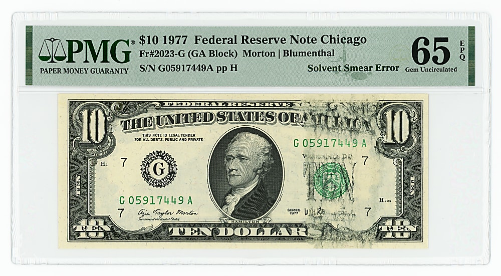 1977 $10 Federal Reserve Note Solvent Smear Error - PMG GU65 EPQ