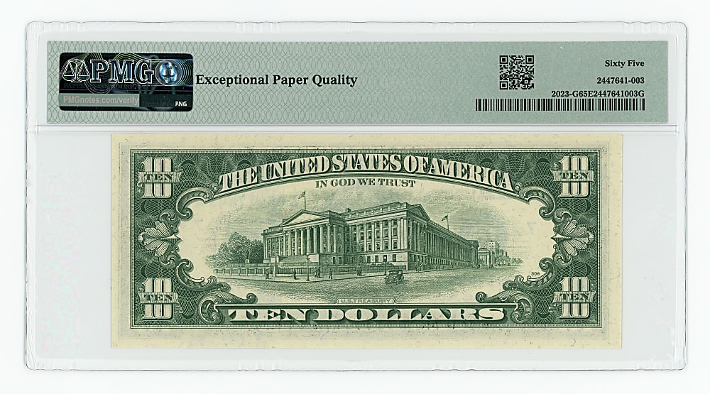 1977 $10 Federal Reserve Note Solvent Smear Error - PMG GU65 EPQ