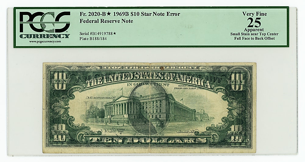 1969B $10 Federal Reserve Star Note Offset Printing Error Full Face-To-Back - PCGS VF25 Apparent