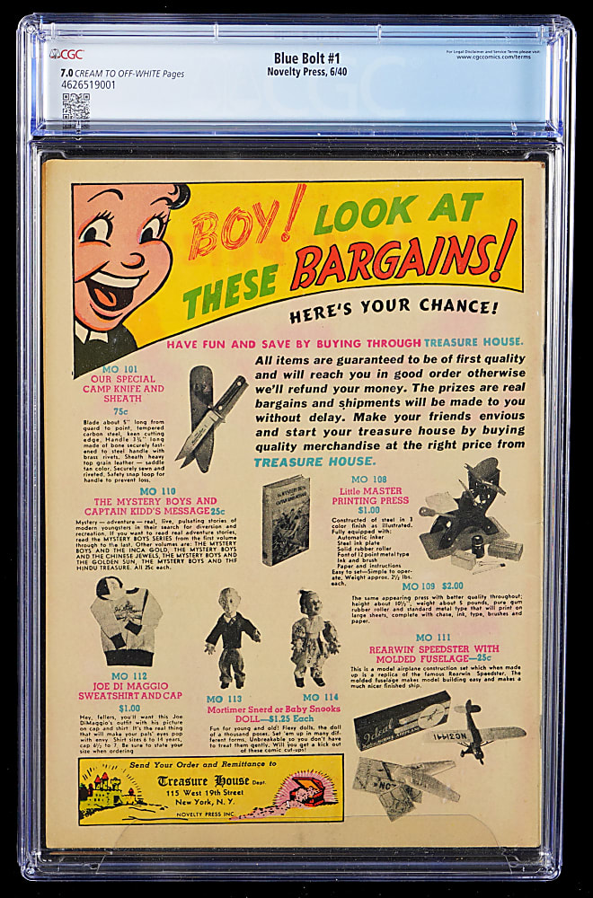 1940 Novelty Press Blue Bolt #1 Origin of Blue Bolt, 1st Dick Cole, 1st Wonder Boy - CGC 7.0