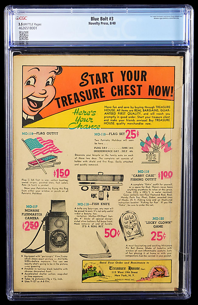 1940 Novelty Press Blue Bolt #3 with Early Joe Simon and Jack Kirby Story/Art - CGC 3.5