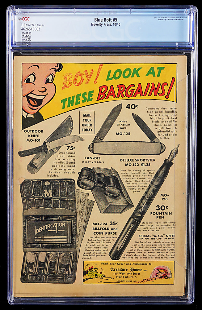 1940 Novelty Press Blue Bolt #5 Joe Simon and Jack Kirby Story/Art - CGC 1.0