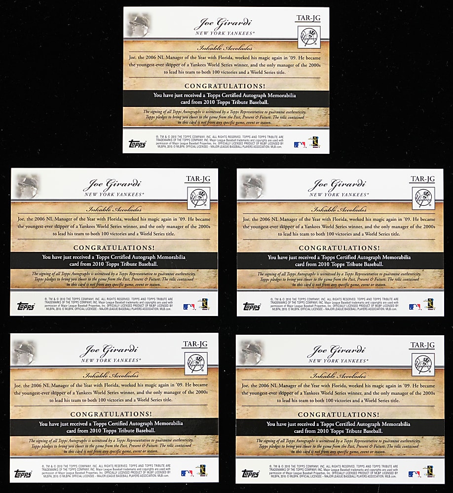 2010 Topps Tribute Joe Girardi Certified Autograph/Single Relic Rainbow (5) with #1/1 Red