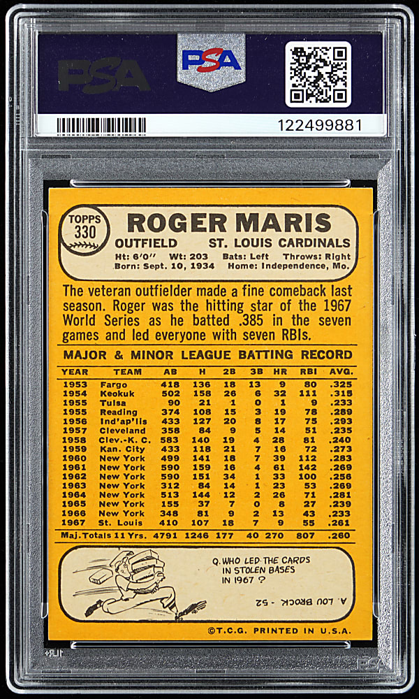 Signed 1968 Topps #330 Roger Maris PSA/DNA Authentic with "9" Auto Grade