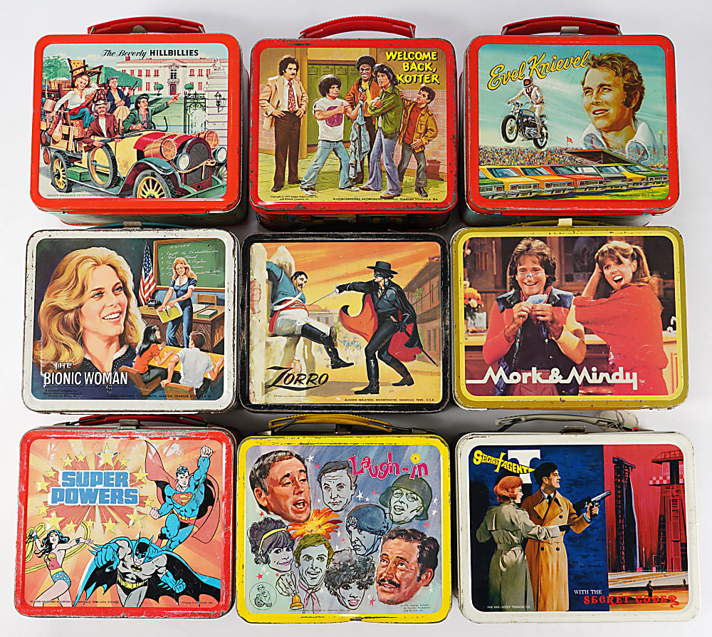 1950s-1970s Lunchbox Collection (23) with Evel Knievel, Bionic Woman & Super-Heroes