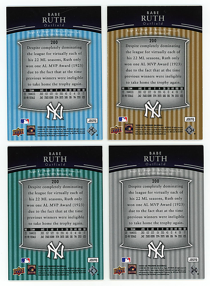 2018 Upper Deck Premier #200 Babe Ruth Rainbow (4) with #1/1 & Jersey Matching