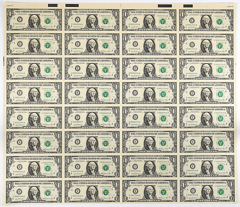 1981 United States $1 Federal Reserve Note Uncut Sheet (32)