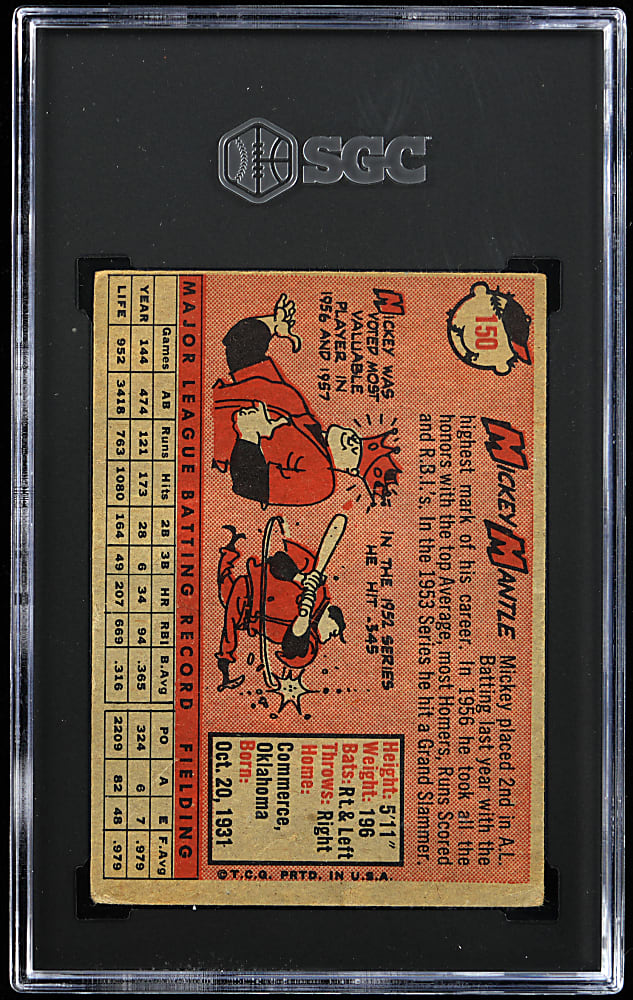 1958 Topps #150 Mickey Mantle SGC GOOD 2