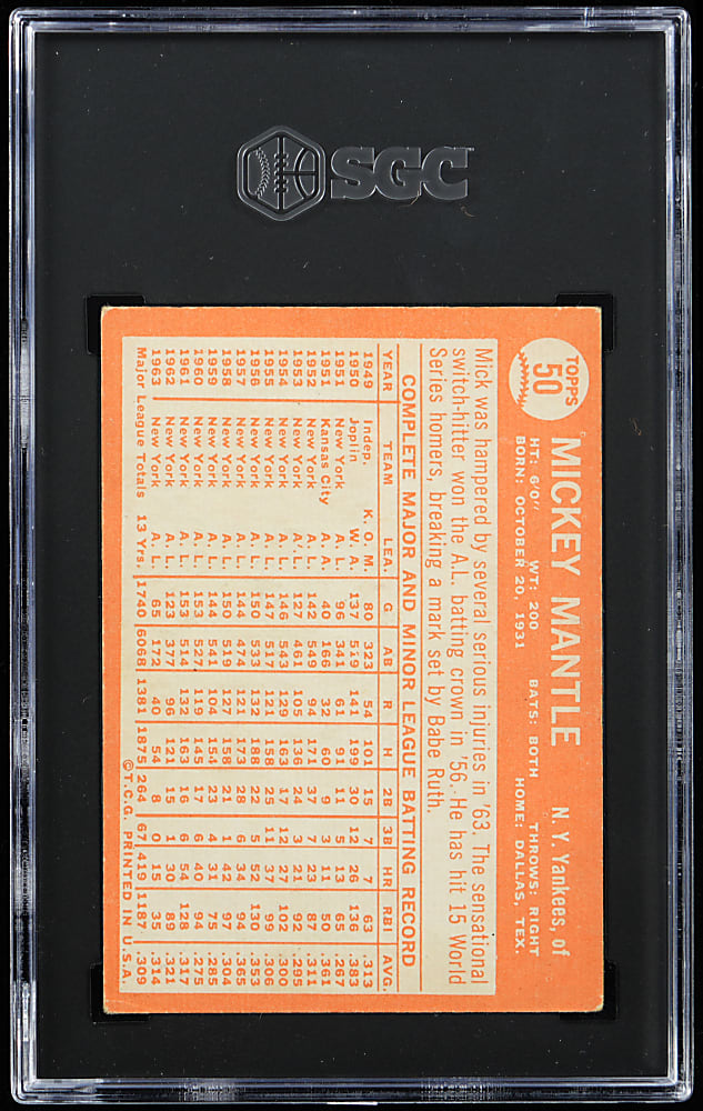 1964 Topps #50 Mickey Mantle SGC VG 3