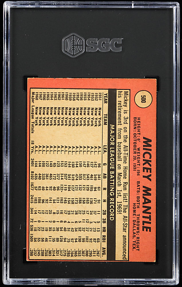 1969 Topps #500 Mickey Mantle SGC VG 3