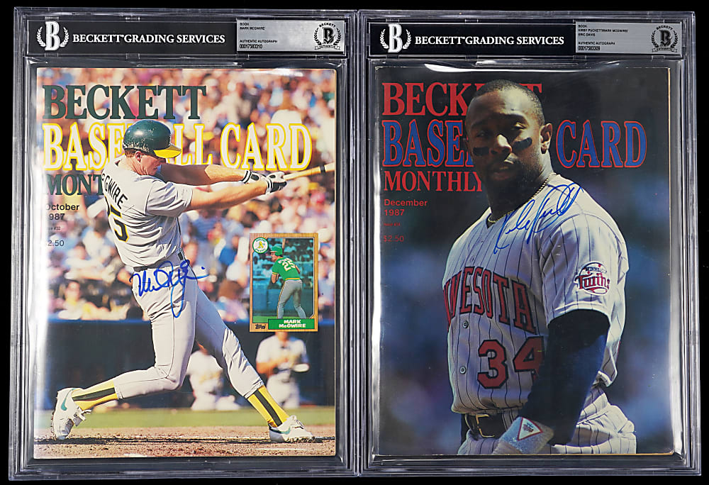 1987 Signed Beckett Monthly Magazine Pair with Multi-Signed Puckett/McGwire/Davis & Single-Signed McGwire - Both Beckett Authentic