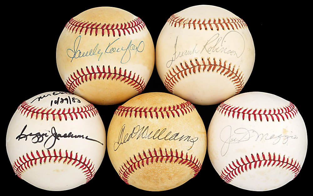 Autographed Hall of Fame Baseballs Group (5) with Ted Williams, Joe DiMaggio & Sandy Koufax