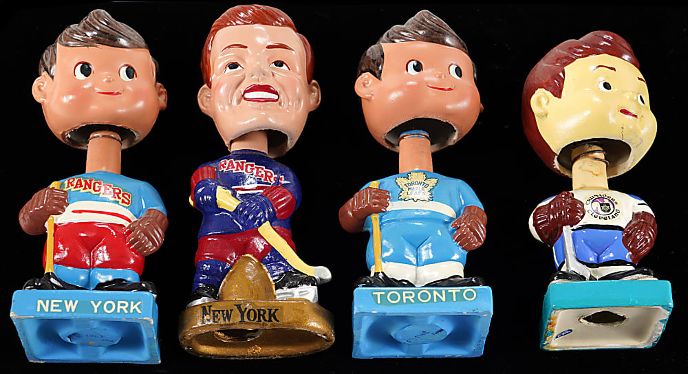1960s-1970s Hockey Bobblehead Group (4) with (2) Different New York Rangers, Toronto Maple Leafs & Cleveland Crusaders