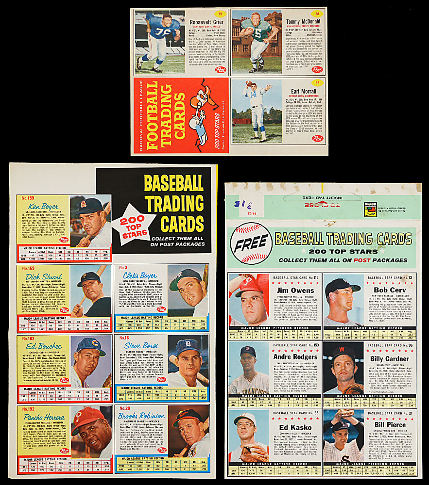 1961-1962 Post Cereal Baseball & Football Uncut Panels (3) with (16) Total Cards