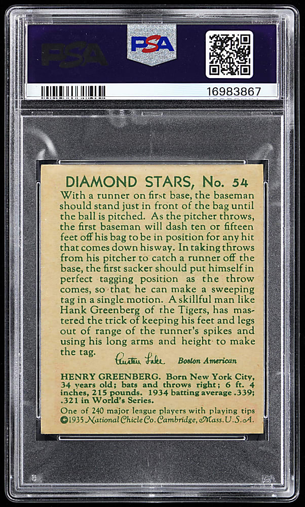 1934-1936 Diamond Stars #54 Hank Greenberg PSA NM 7