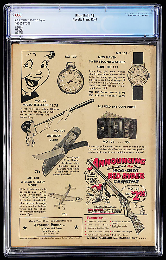 1940 Novelty Press Blue Bolt #7 - CGC 5.0