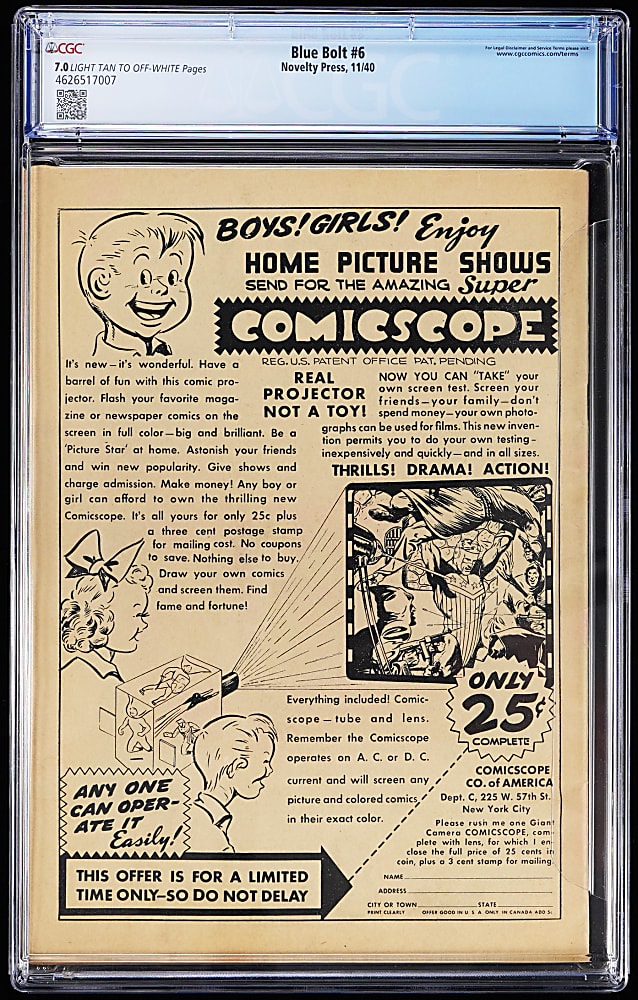 1940 Novelty Press Blue Bolt #6 - CGC 7.0