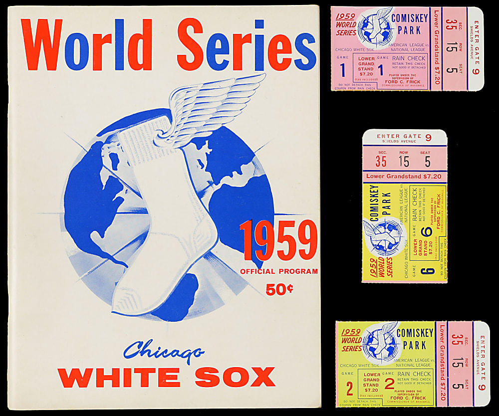 1959 Chicago White Sox World Series Collection (5) with "I Was Here" Pennant, Program & (3) Ticket Stubs