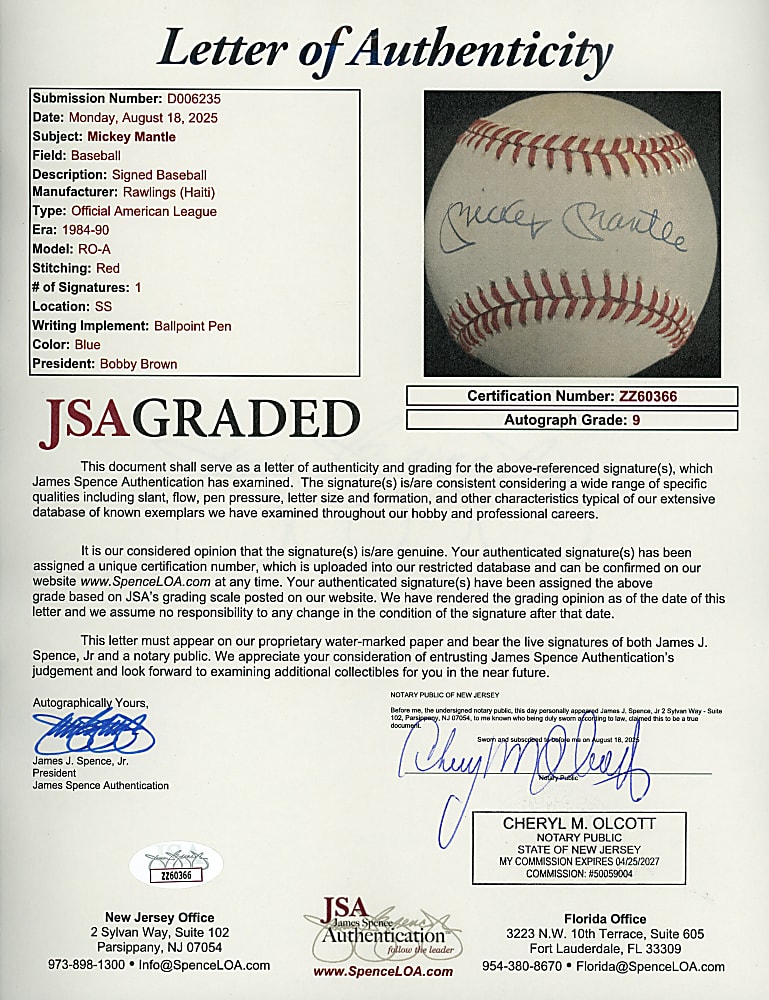 Mickey Mantle Single-Signed OAL Brown Baseball with Full JSA LOA Including "9" Auto Grade