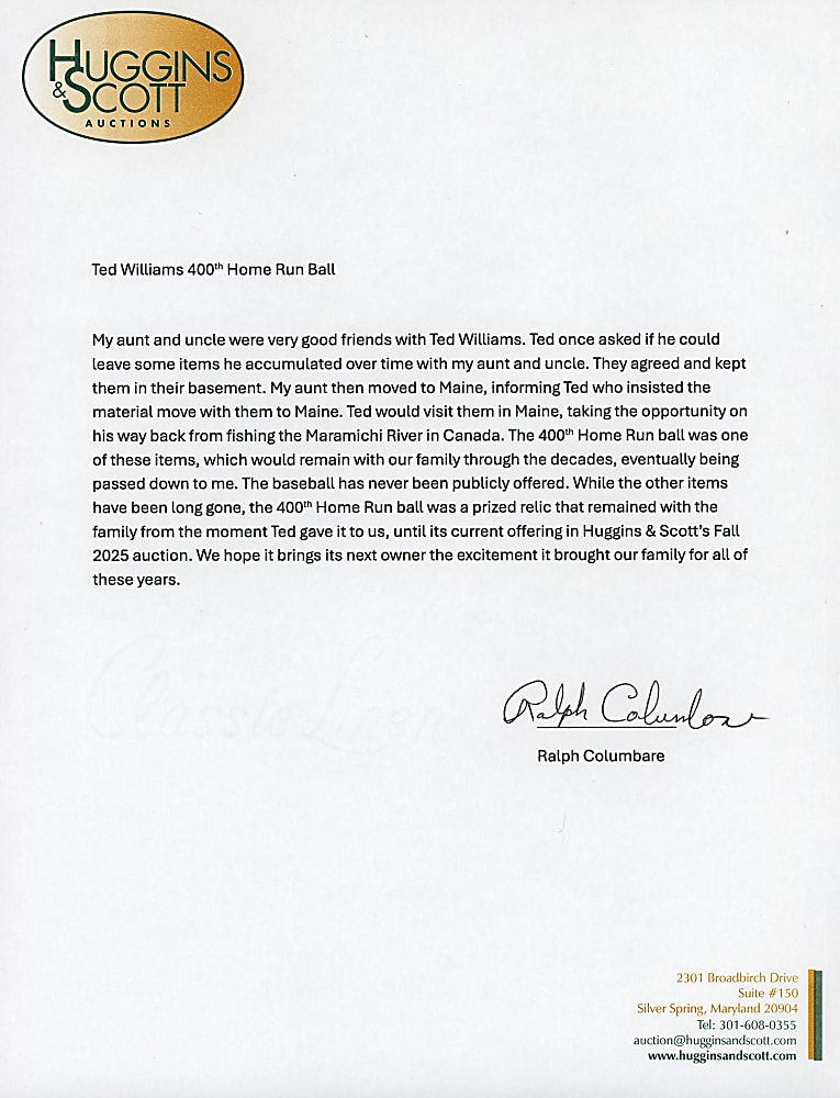 1956 Ted Williams 400th Home Run Baseball with Family Letter of Provenance & SIA Photo Match LOA
