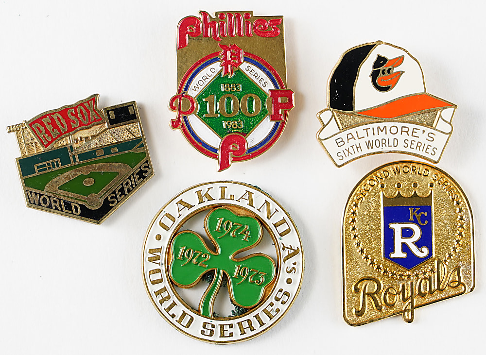 1974-1987 World Series Press Pin Collection (5) with 1974 Oakland Athletics