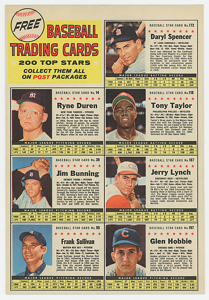 1961 Post Cereal Salesman Sample 7-Card Uncut Sheet with #39 Jim Bunning - Extremely Rare!
