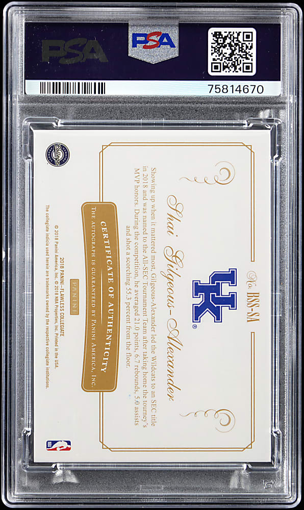 2018 Panini Flawless Collegiate Basketball Shai Gilgeous-Alexander Rookie Team Slogan Signature #/25 PSA MINT 9