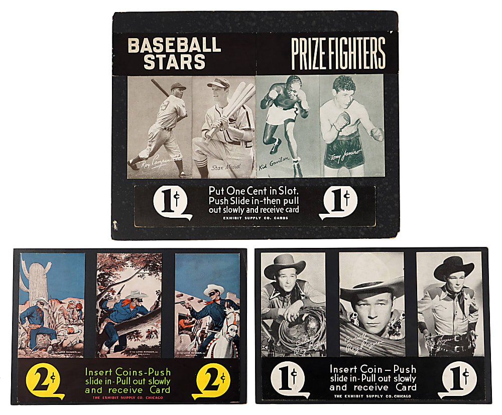 1940s-1960s Exhibit Card Vending Machine Headers (3) with Roy Campanella, Stan Musial, Roy Rogers & The Lone Ranger