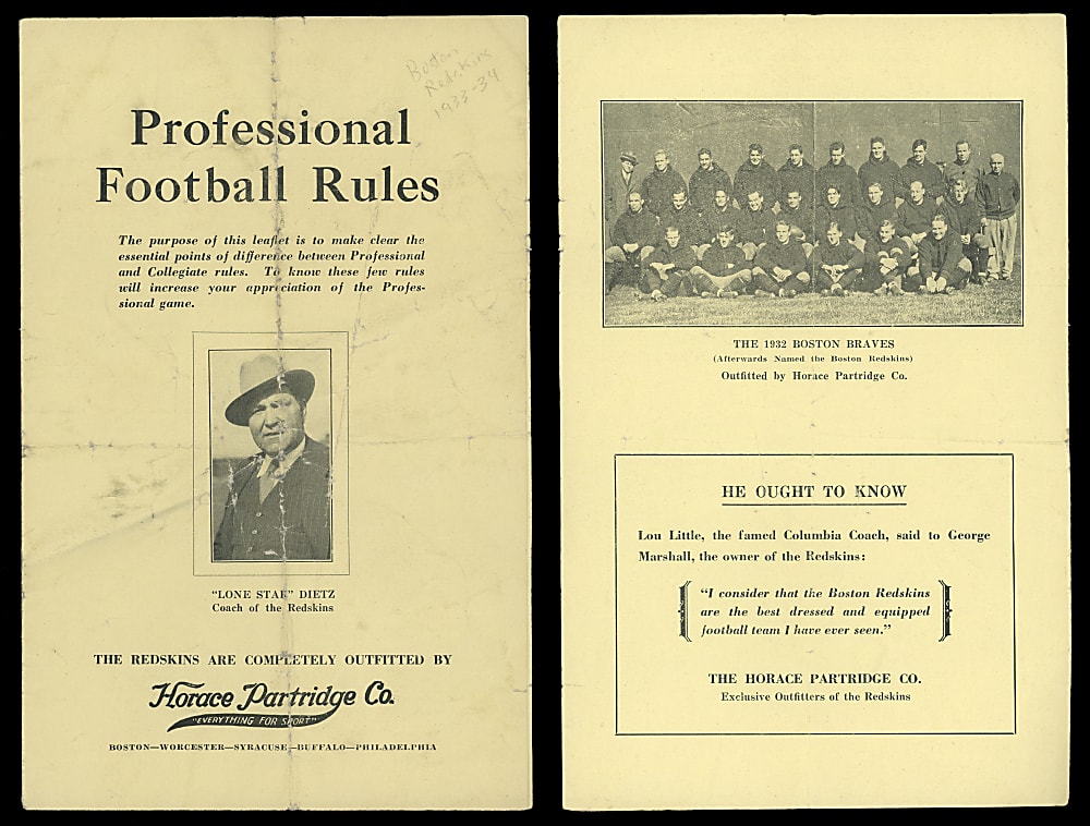 1934 Boston Redskins Professional Football Rules Leaflet with Team and "Lone Star" Dietz Cover Photographs - Very Scarce