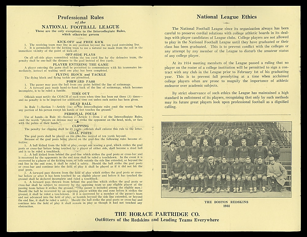 1934 Boston Redskins Professional Football Rules Leaflet with Team and "Lone Star" Dietz Cover Photographs - Very Scarce