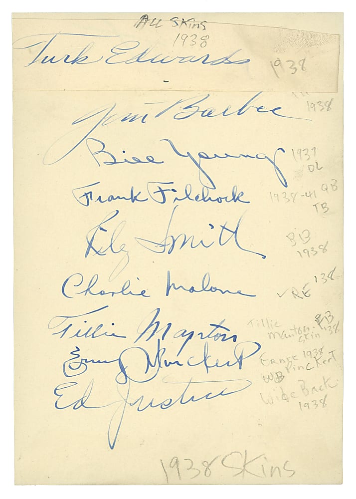 1938 Washington Redskins Team Sheet Signed by (9) Including Tougher Turk Edwards - 2nd Season in Washington