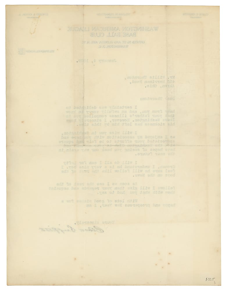1929 Clark Griffith Signed Typed Letter Signed on Washington Base Ball Club Letterhead - Full JSA LOA