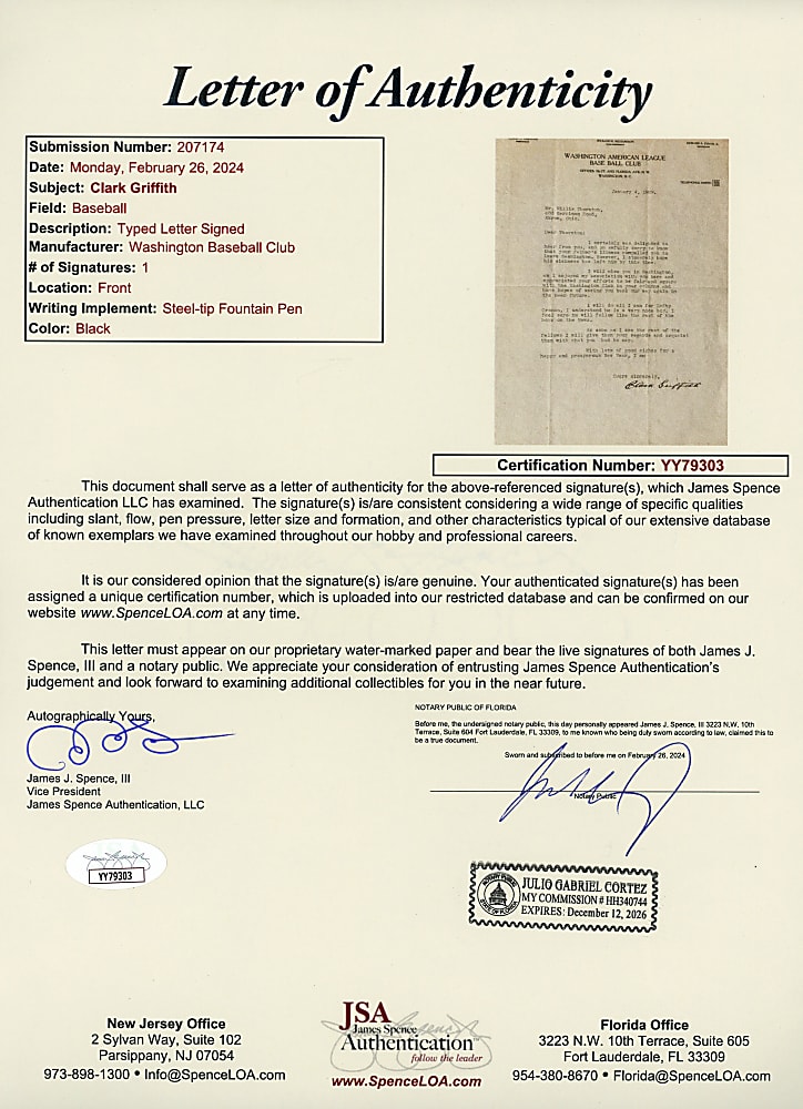 1929 Clark Griffith Signed Typed Letter Signed on Washington Base Ball Club Letterhead - Full JSA LOA