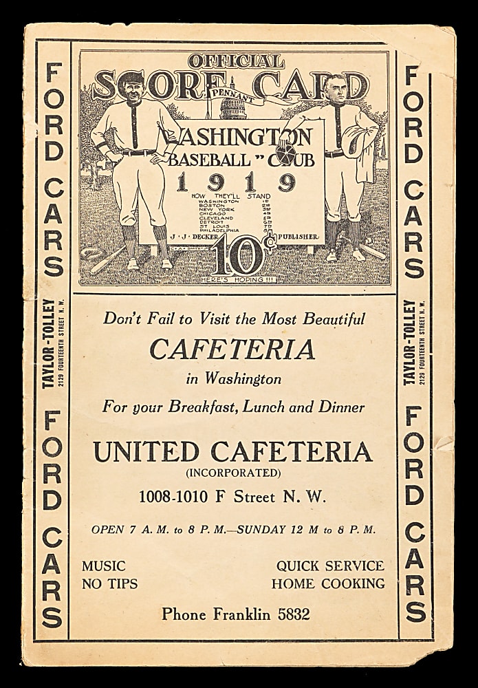 1919 Boston Red Sox at Washington Nationals Scorecard with #22 Babe Ruth - Last Season in Boston