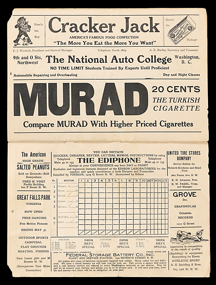 1919 Boston Red Sox at Washington Nationals Scorecard with #22 Babe Ruth - Last Season in Boston