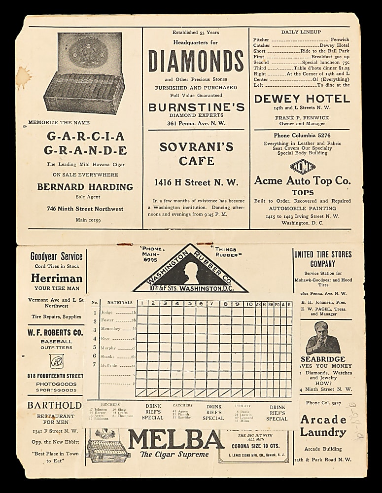 1919 Boston Red Sox at Washington Nationals Scorecard with #22 Babe Ruth - Last Season in Boston