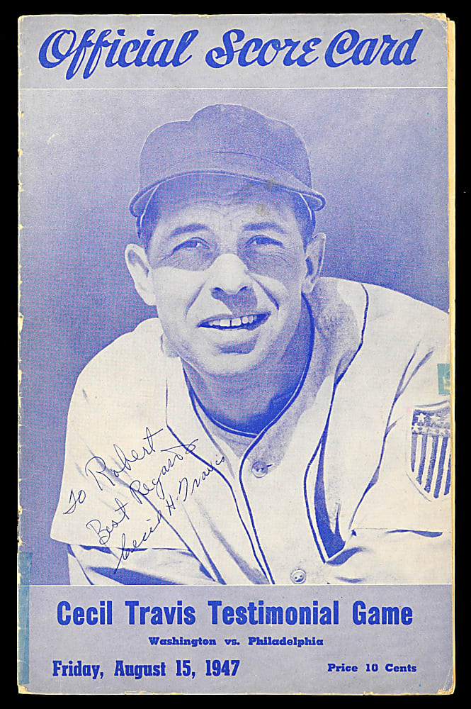 1947 Cecil Travis Signed Testimonial Game Official Scorecard - JSA COA